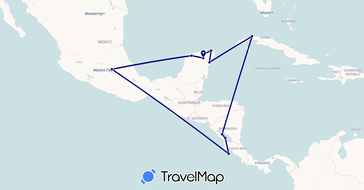 TravelMap itinerary: driving in Costa Rica, Cuba, Mexico, Nicaragua (North America)